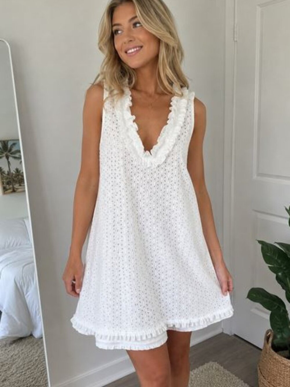 White Eyelet 100% Cotton Mini Dress Hamptons Weekend Rich Girl Soft Girl Style